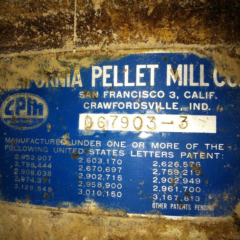 The nameplate from one of CPM’s oldest operating pellet mills.