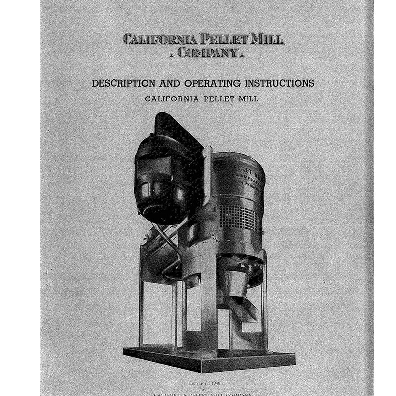 The cover of the pellet mill’s 1940 operators manual.
