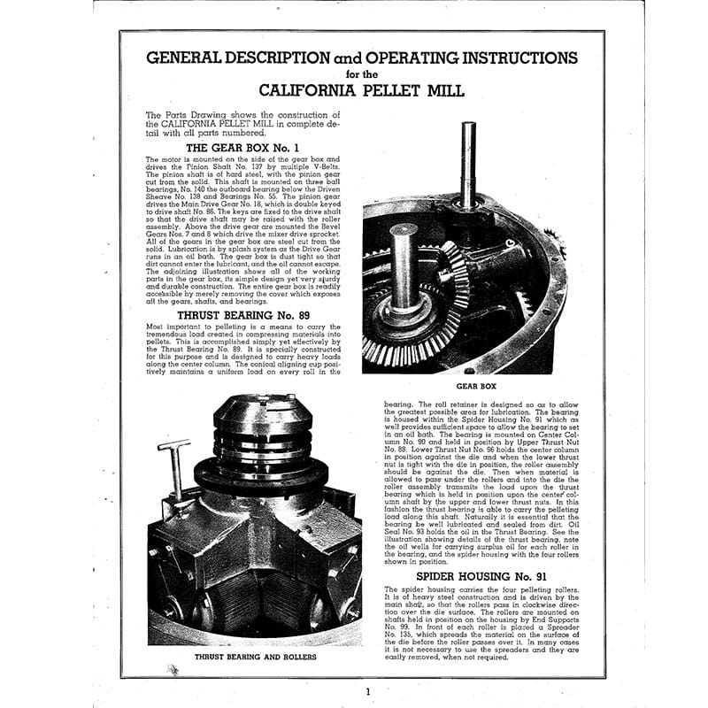 An interior page from the CPM pellet mill’s 1940 operator's manual.